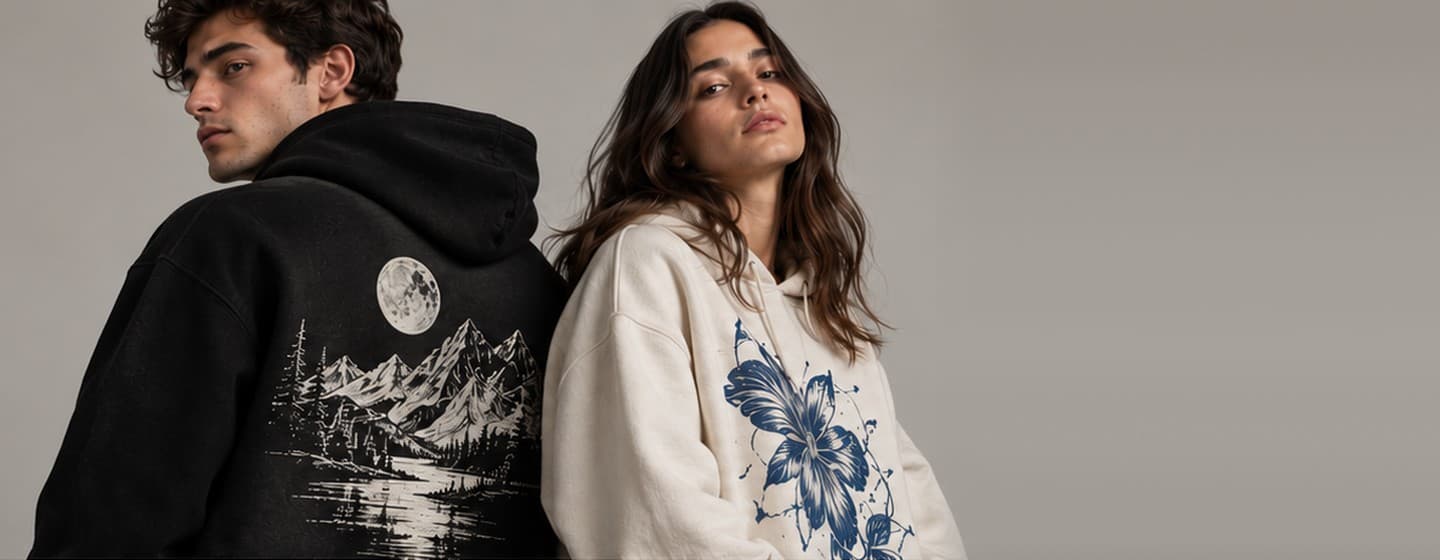 Two models wearing graphic hoodies